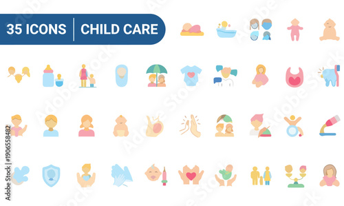 Collection of colorful child care icons representing various aspects of childcare and parenting from different viewpoints