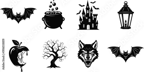 Large collection of black Halloween icons featuring spooky bat silhouettes haunted castle bubbling cauldron wicked tree lantern and bitten poison apple isolated on white.