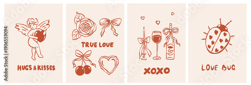 Retro whimsical romantic cards set