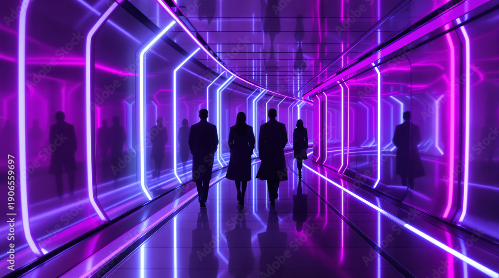 Fototapeta premium Four silhouetted figures walk through a futuristic corridor illuminated by vibrant purple and blue neon lights, creating a sleek, modern, and high-tech atmosphere