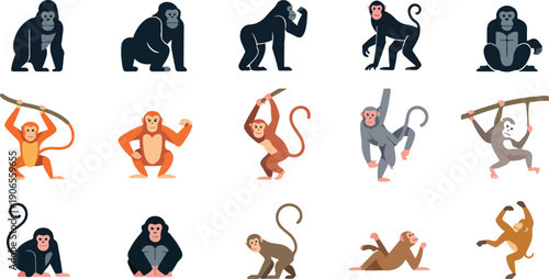 Monkey & Ape Vector Character Set  Gorilla, Chimpanzee & Orangutan