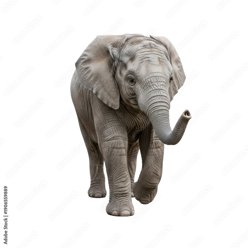 Obraz premium A young african elephant calf walking forward with its trunk raised isolated on white isolated on transparent background