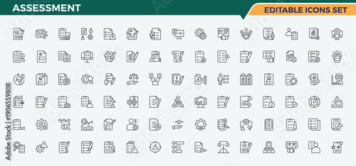 Assessment vector line icon set. Research modern vector ui icons. Thin icons set. Assessment linear icon collection. Editable vector. Pixel perfect.