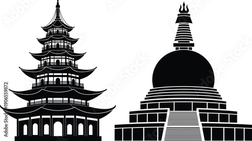 Traditional Asian architecture vector illustration featuring iconic pagoda and stupa silhouettes, cultural heritage design for temples, meditation, and tourism concepts.