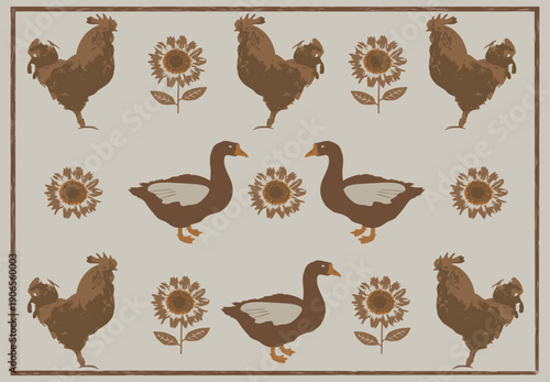 Rustic farmhouse pattern roosters, geese, sunflowers in brown and beige, vector eps 10