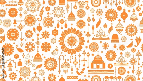Intricate orange patterns of indian motifs and floral designs cover a seamless white background high quality