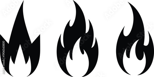 Black flame icons set with three unique stylized fire designs representing heat, energy, intensity, and symbolic graphic design