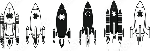 Black and white rocket illustrations set featuring six unique designs with boosters, windows, and flame patterns for space exploration themes