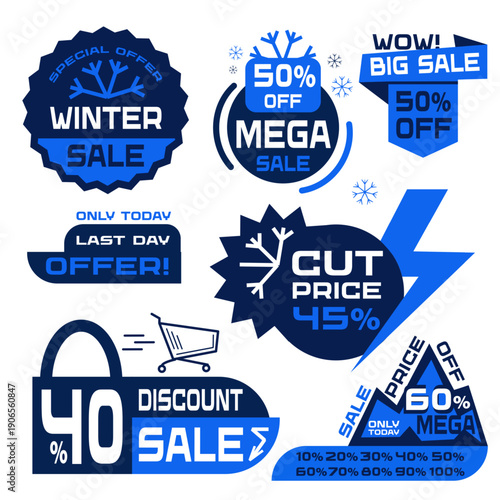 Vector illustration of winter sale badge design. Seasonal discount promotion with snowflake elements. Perfect for retail marketing banners.