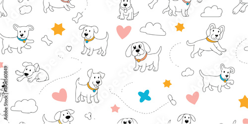 Cute Dog Doodle Pattern  Playful Puppies, Bones & Paw Prints Vector