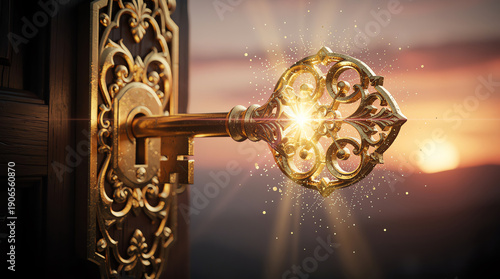 Golden ornate key shining brightly while inserted into a decorative keyhole, symbolizing unlocking potential or secrets with a glowing sunset background