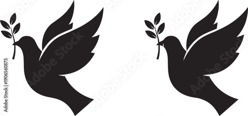 Black silhouette illustration of two doves facing each other holding olive branches, symbolizing peace, harmony, reconciliation, and cultural unity