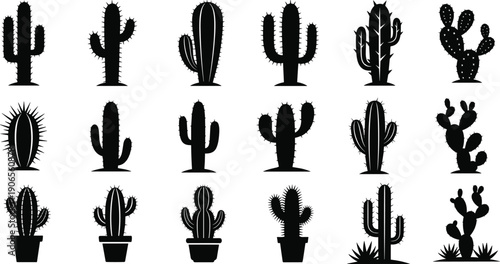 Black silhouette illustration set of 18 cactus plants in diverse shapes and styles representing desert flora and botanical design