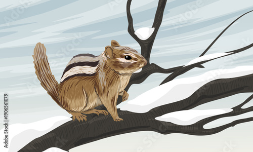 A chipmunk sits on snow-covered tree branches. Small forest animals in winter. Realistic vector landscape.