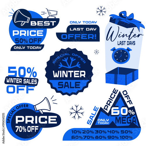 Vector illustration of winter sale badge design. Seasonal discount promotion with snowflake elements. Perfect for retail marketing banners.