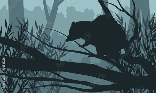 Minimalistic flat landscape with a Virginia opossum perched on a branch in the forest. Realistic vector animal in its habitat.