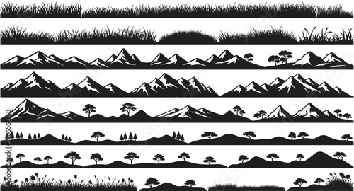 Large collection of black mountain range silhouettes featuring grass borders hills and trees isolated on white background for nature landscape and outdoor adventure design.