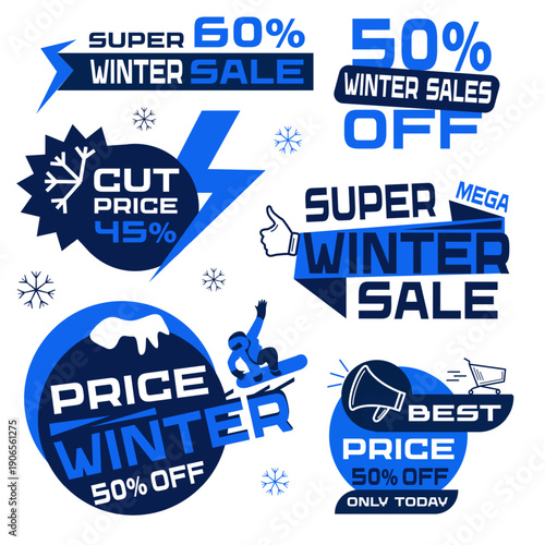 Vector illustration of winter sale badge design. Seasonal discount promotion with snowflake elements. Perfect for retail marketing banners.
