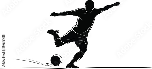 Silhouette of a soccer player intensely kicking a ball forward with powerful extension during a match.