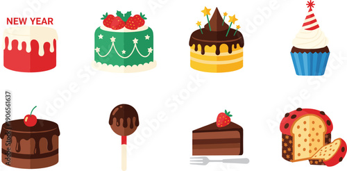Assorted festive holiday dessert collection featuring New Year cakes strawberry chocolate treats cupcakes and seasonal sweets for Christmas celebration party menu or bakery promotion.