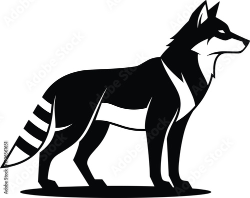 Minimalist black and white fox or wolf silhouette illustration featuring a striped tail standing in profile view isolated on white background for wildlife design.