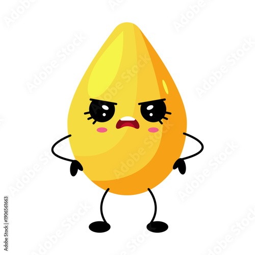 Expressive angry oil drop character in kawaii style, ideal for emotion icons, stickers, energy concepts, fuel themes, or playful industrial illustrations.