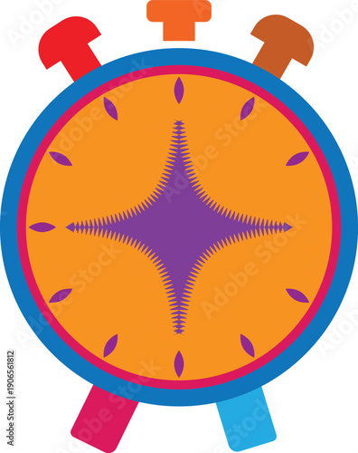 Colorful alarm clock with vibrant starburst and multi-colored accents Keywords: alarm, clock
