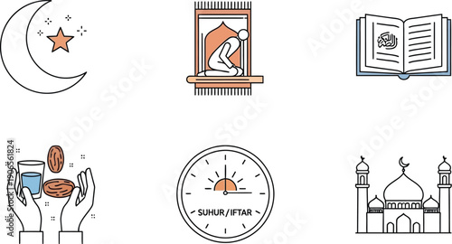 Collection of line icons illustrates essential elements related to the.