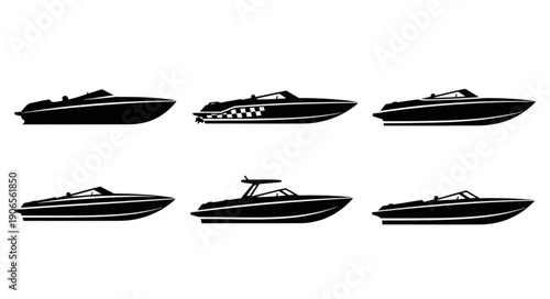 Collection of six black speed boat silhouettes on white background.