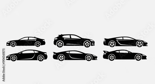 Collection of six black sports car silhouettes on a white background.