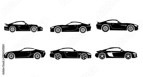Collection of Six Black Sports Car Silhouettes.