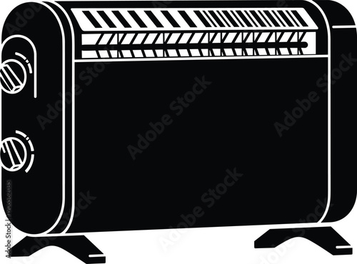 Black silhouette of portable electric heater with control knobs, vented grill, and stable feet for indoor home heating appliance illustration