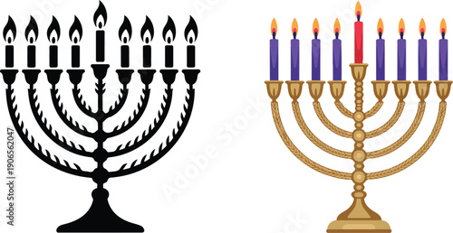 Hanukkah Menorah Vector Set  Nine-Branched Candelabrum in Color & Silhouette