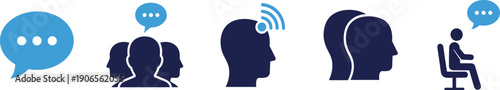Blue communication icons set featuring speech bubbles, group discussion, listening signals, interpersonal dialogue, and seated conversation for interaction design