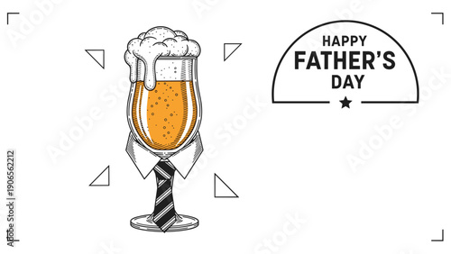 Engraved style illustration of a beer glass wearing a collar and tie for a Happy Fathers Day celebration theme.