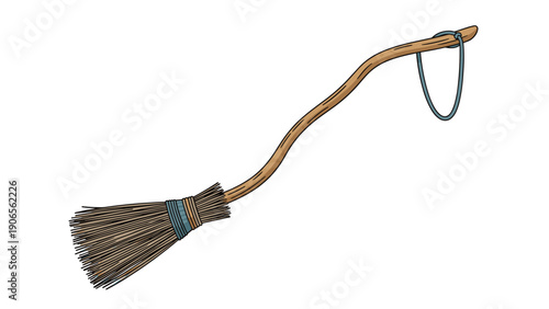 Hand-drawn style illustration of a rustic wooden witchs broomstick tied with blue string on a plain white background.