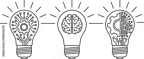 Stylized light bulb illustrations with gear, brain, and circuit patterns symbolizing innovation, artificial intelligence, technology, and human cognition