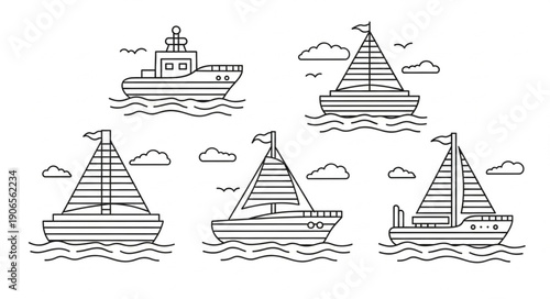Collection of simple line art boats and ships sailing on water.