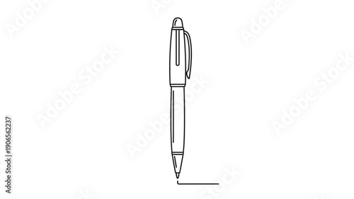 Minimalist black and white line art of a retractable ballpoint pen drawing a single straight horizontal line.