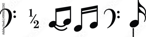 Stylized set of musical notation icons with bass clef, notes, and fraction symbol for creative design, education, and illustration use