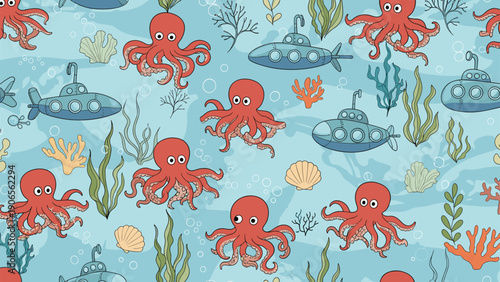 Seamless pattern illustration of red octopuses swimming among blue submarines, coral, shells, and seaweed on a blue background.