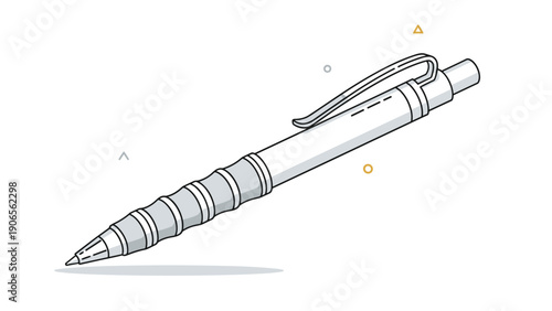 Retractable office pen with a textured grip and a metal clip shown in a clean shaded technical illustration.