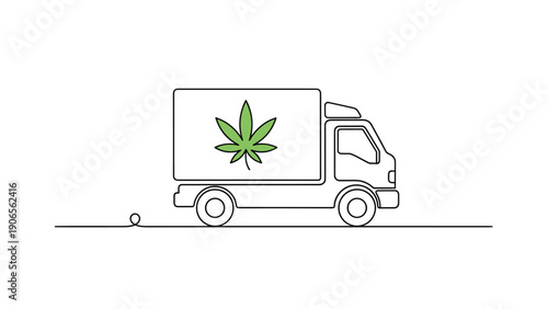 Continuous line drawing of a delivery truck with a green cannabis leaf logo representing medical marijuana transport.