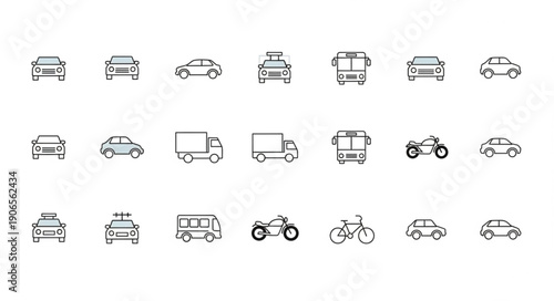 Collection of simple line art vehicle icons for transportation and travel.