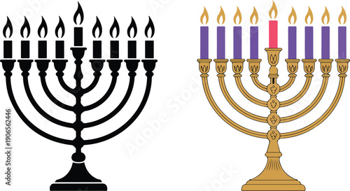 Hanukkah Menorah Vector Set  Nine-Branched Candelabrum in Color & Silhouette