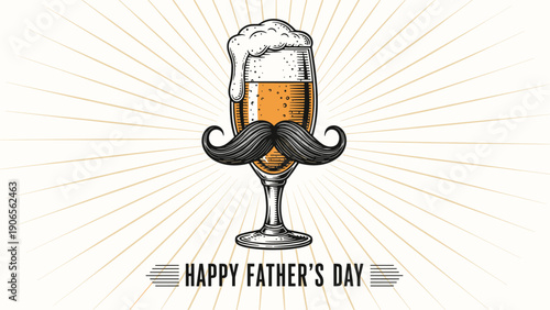 Festive Father's Day illustration of a beer glass with a large mustache and celebratory sunburst background.