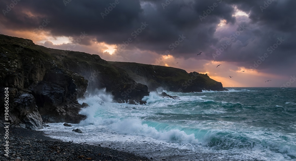 Fototapeta premium Dramatic stormy ocean coast with powerful turquoise waves crashing against dark rocky cliffs under a moody sunset sky with flying seagulls representing power nature strength and wild beauty
