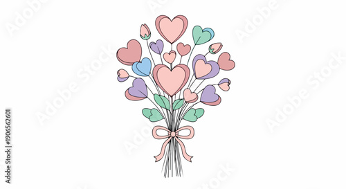 Digital illustration of a colorful bouquet of hearts tied with a ribbon on a white background with pastel tones.