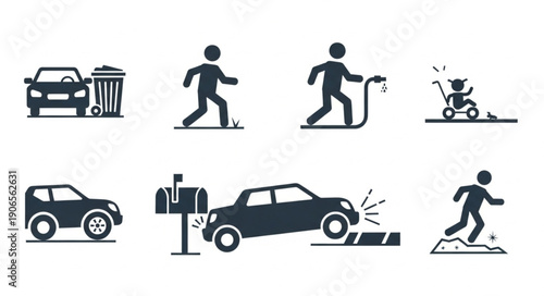 Collection of simple vector icons representing daily life activities and situations.
