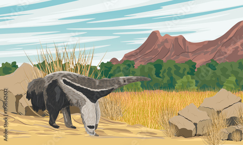 A giant anteater walks along a sandy road at the foot of the mountains. Realistic vector landscape.
